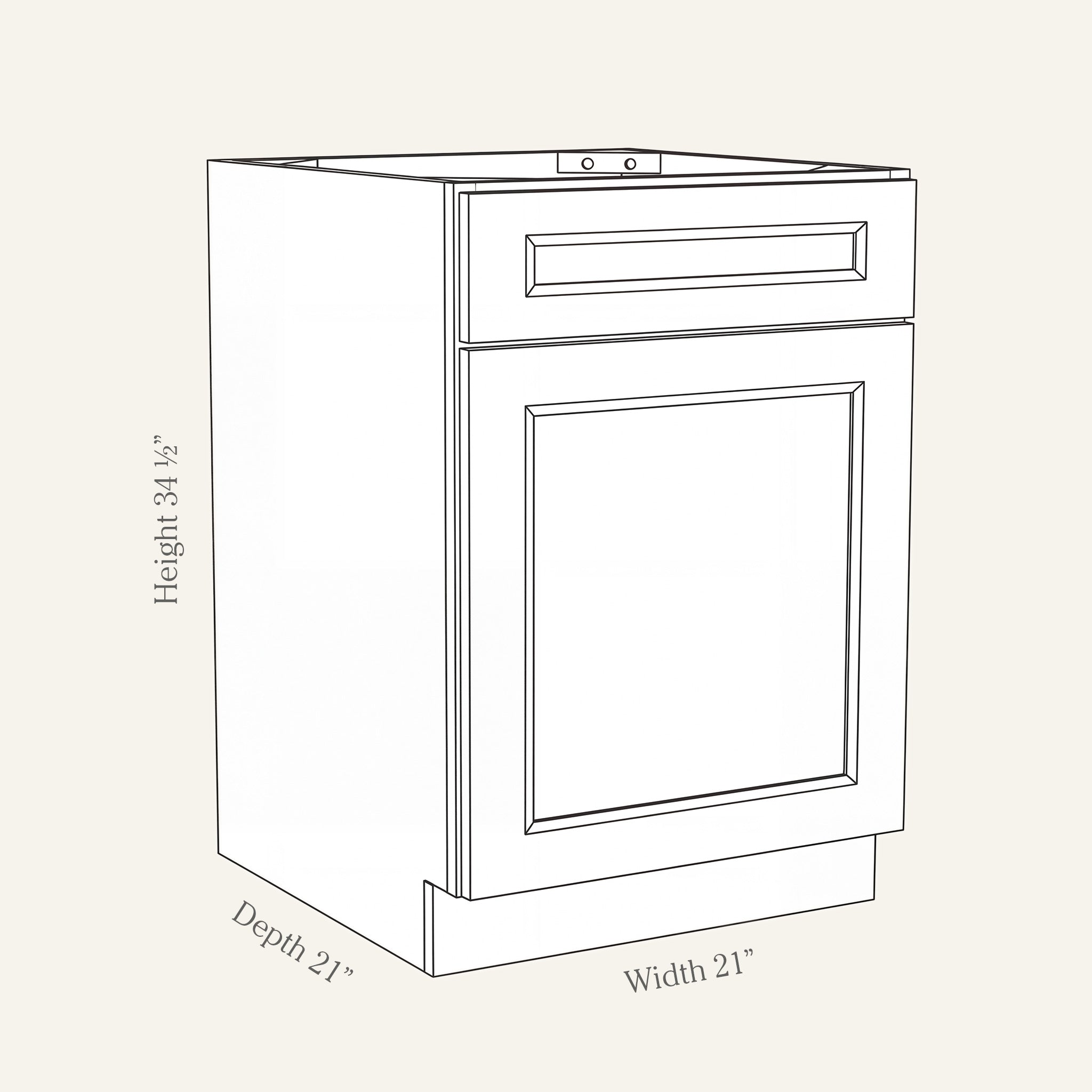 Dimension drawing of a Belmont Shaker standard base cabinet with 1 door and 1 drawer, 21w, 34.5h, 24d.
