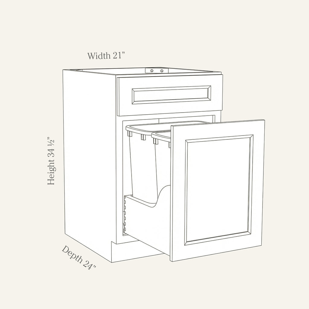 Dimension drawing of a Belmont Shaker double trash pull-out base cabinet with 1 top drawer and 2 bins, 21w, 34.5h, 24d.