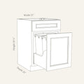 Dimension drawing of a Belmont Shaker double trash pull-out base cabinet with 1 top drawer and 2 bins, 21w, 34.5h, 24d.