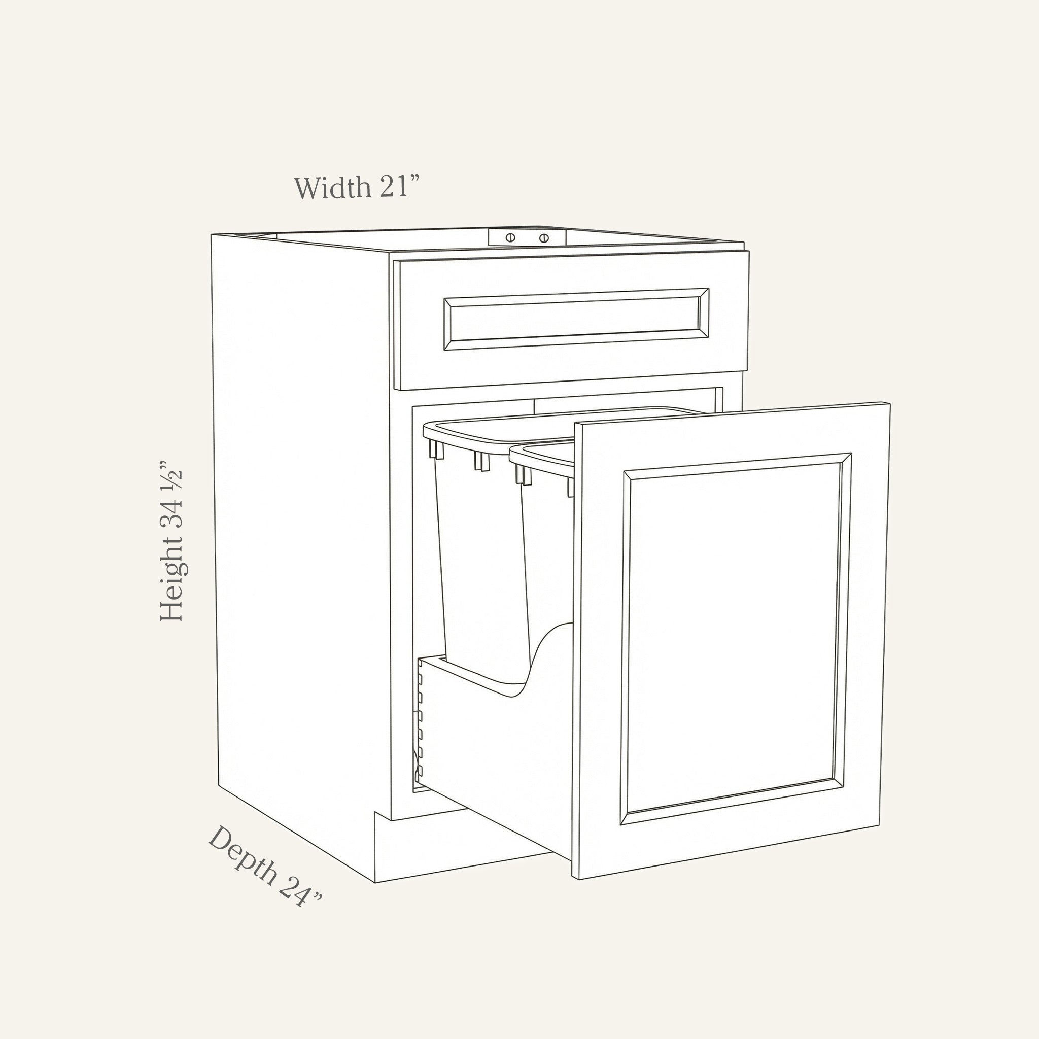 Dimension drawing of a Belmont Shaker double trash pull-out base cabinet with 1 top drawer and 2 bins, 21w, 34.5h, 24d.