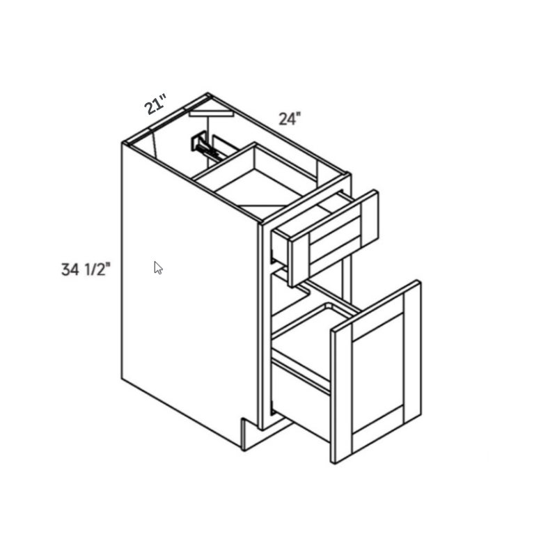 White contemporary shaker double trash pull, 21″ wide, 34.5″ high, 24″ deep, shown in a technical line drawing with dimensions. Part of the Belmont line from the Kitchen & Cabinet Store.
