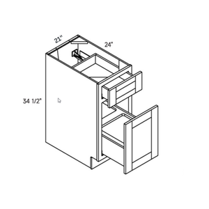 Blue contemporary shaker double trash pull, 21″ wide, 34.5″ high, 24″ deep, shown in a technical line drawing with dimensions. Part of the Belmont line from the Kitchen & Cabinet Store.