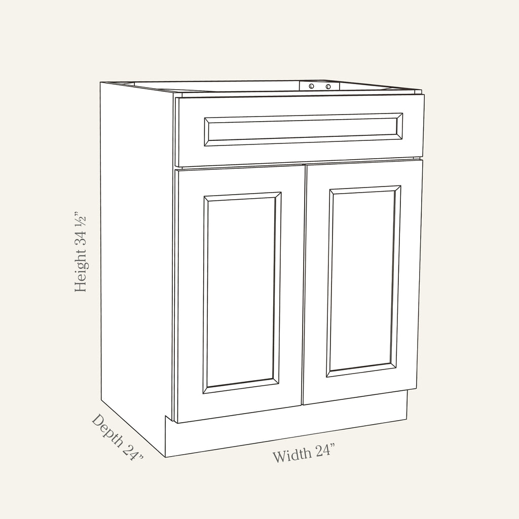 Dimension drawing of a Belmont Shaker standard base cabinet with 2 doors and 1 drawer, 24w, 34.5h, 24d.