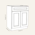 Dimension drawing of a Belmont Shaker standard base cabinet with 2 doors and 1 drawer, 24w, 34.5h, 24d.