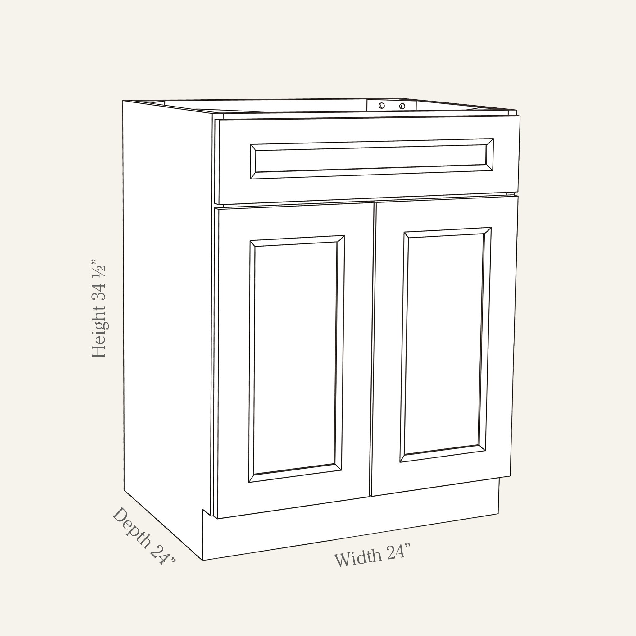 Dimension drawing of a Belmont Shaker standard base cabinet with 2 doors and 1 drawer, 24w, 34.5h, 24d.