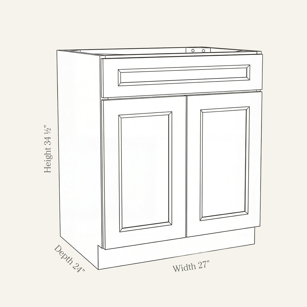 Dimension drawing of a Belmont Shaker standard base cabinet with 2 doors and 1 drawer, 27w, 34.5h, 24d.
