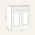 Dimension drawing of a Belmont Shaker standard base cabinet with 2 doors and 1 drawer, 27w, 34.5h, 24d.