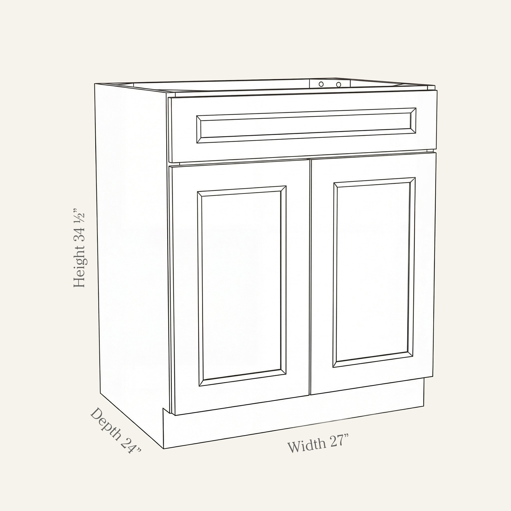 Dimension drawing of a Belmont Shaker standard base cabinet with 2 doors and 1 drawer, 27w, 34.5h, 24d.