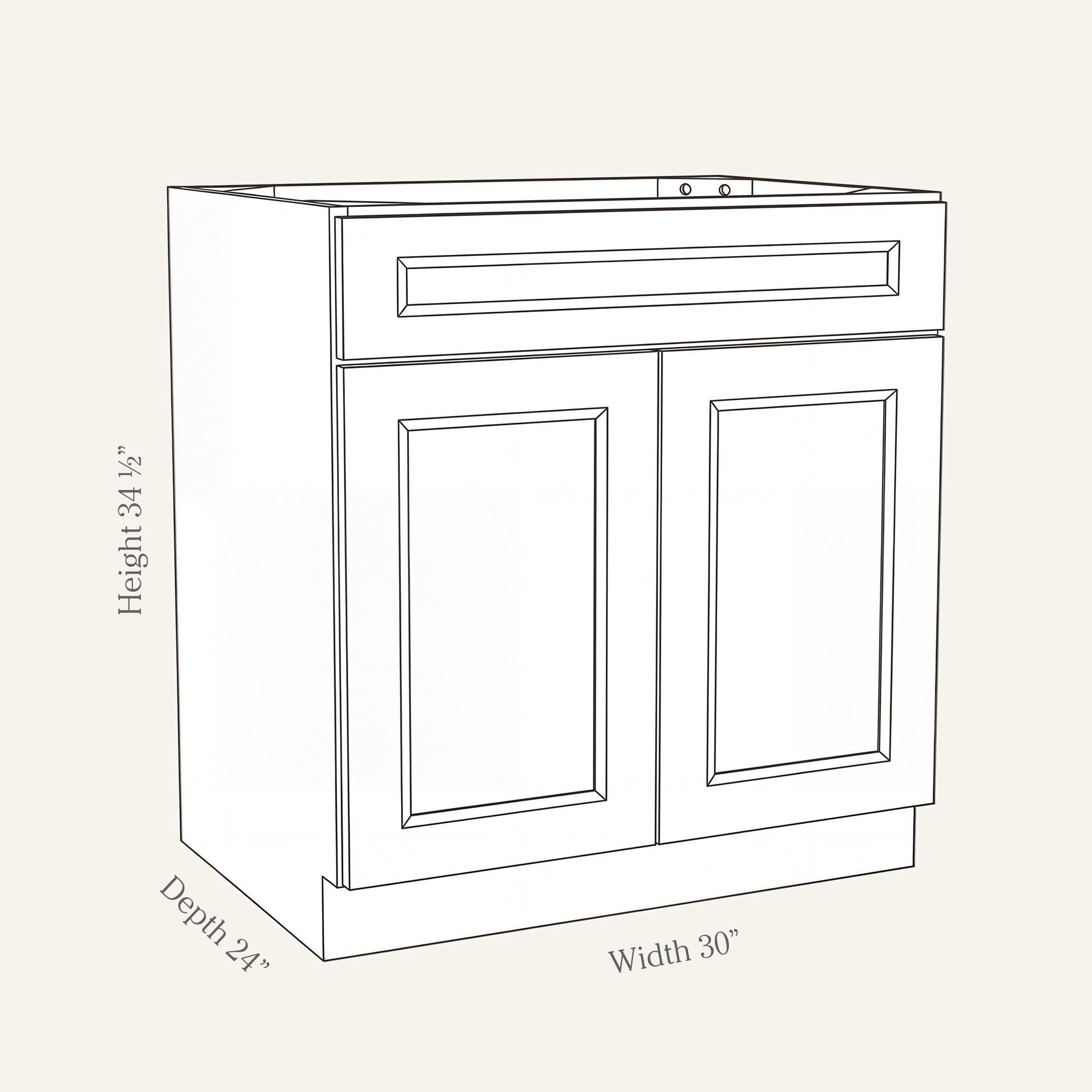 Dimension drawing of a Belmont Shaker standard base cabinet with 2 doors and 1 drawer, 30w, 34.5h, 24d.