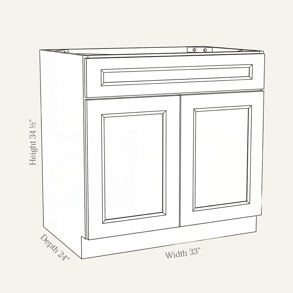 Dimension drawing of a Belmont Shaker standard base cabinet with 2 doors and 1 drawer, 33w, 34.5h, 24d.