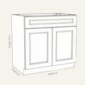 Dimension drawing of a Belmont Shaker standard base cabinet with 2 doors and 1 drawer, 33w, 34.5h, 24d.