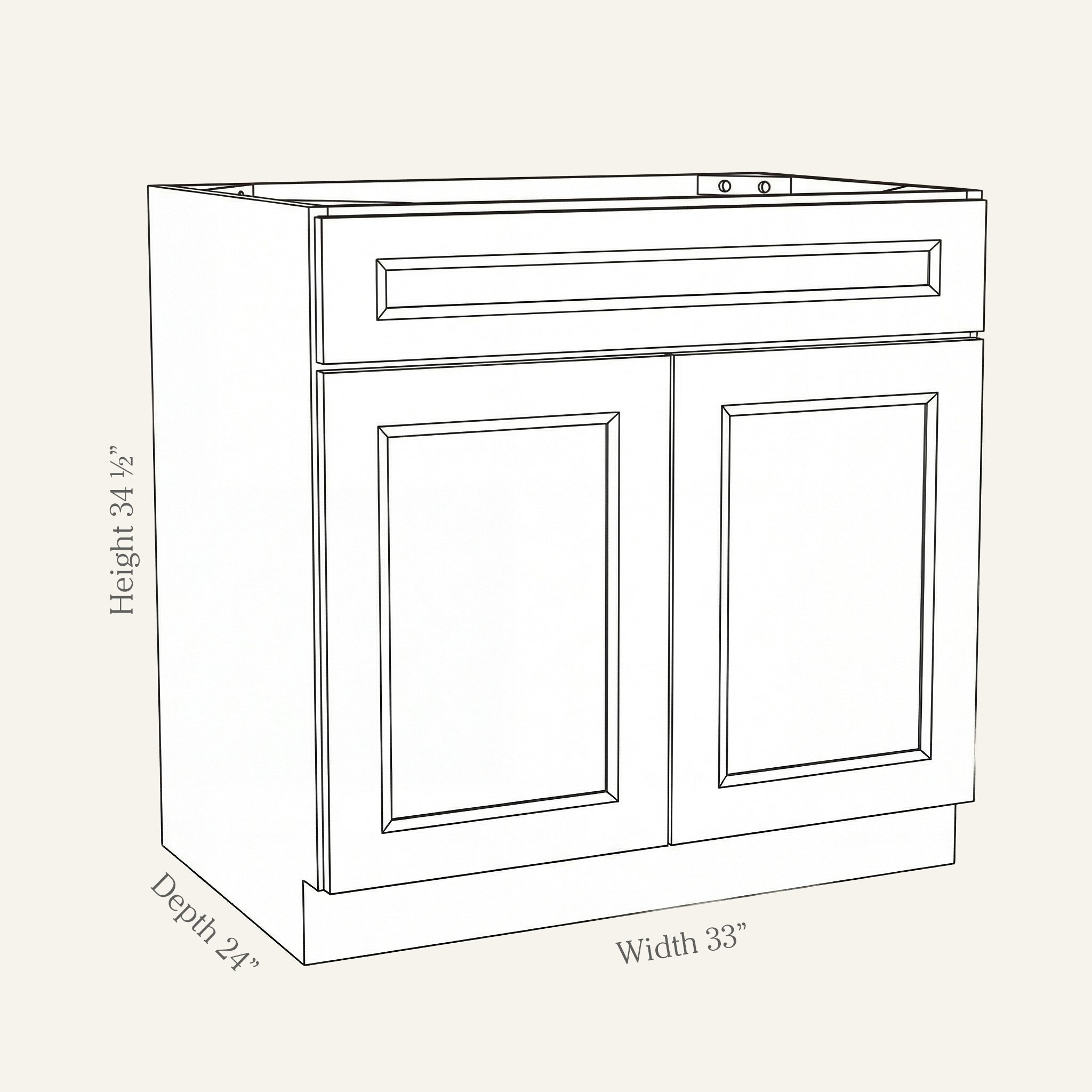Dimension drawing of a Belmont Shaker standard base cabinet with 2 doors and 1 drawer, 33w, 34.5h, 24d.