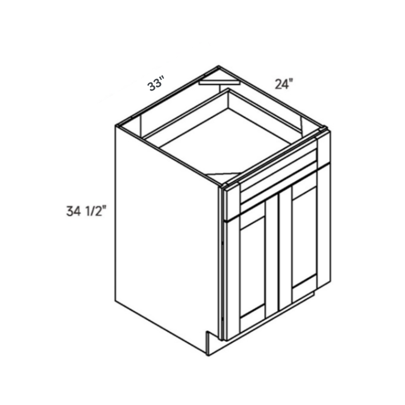 White traditional shaker double base cabinet, 33″ wide, 34.5″ high, 24″ deep, shown in a technical line drawing with dimensions. Part of the Seaport line from the Kitchen & Cabinet Store.