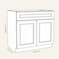 Dimension drawing of a Belmont Shaker standard base cabinet with 2 doors and 1 drawer, 36w, 34.5h, 24d.