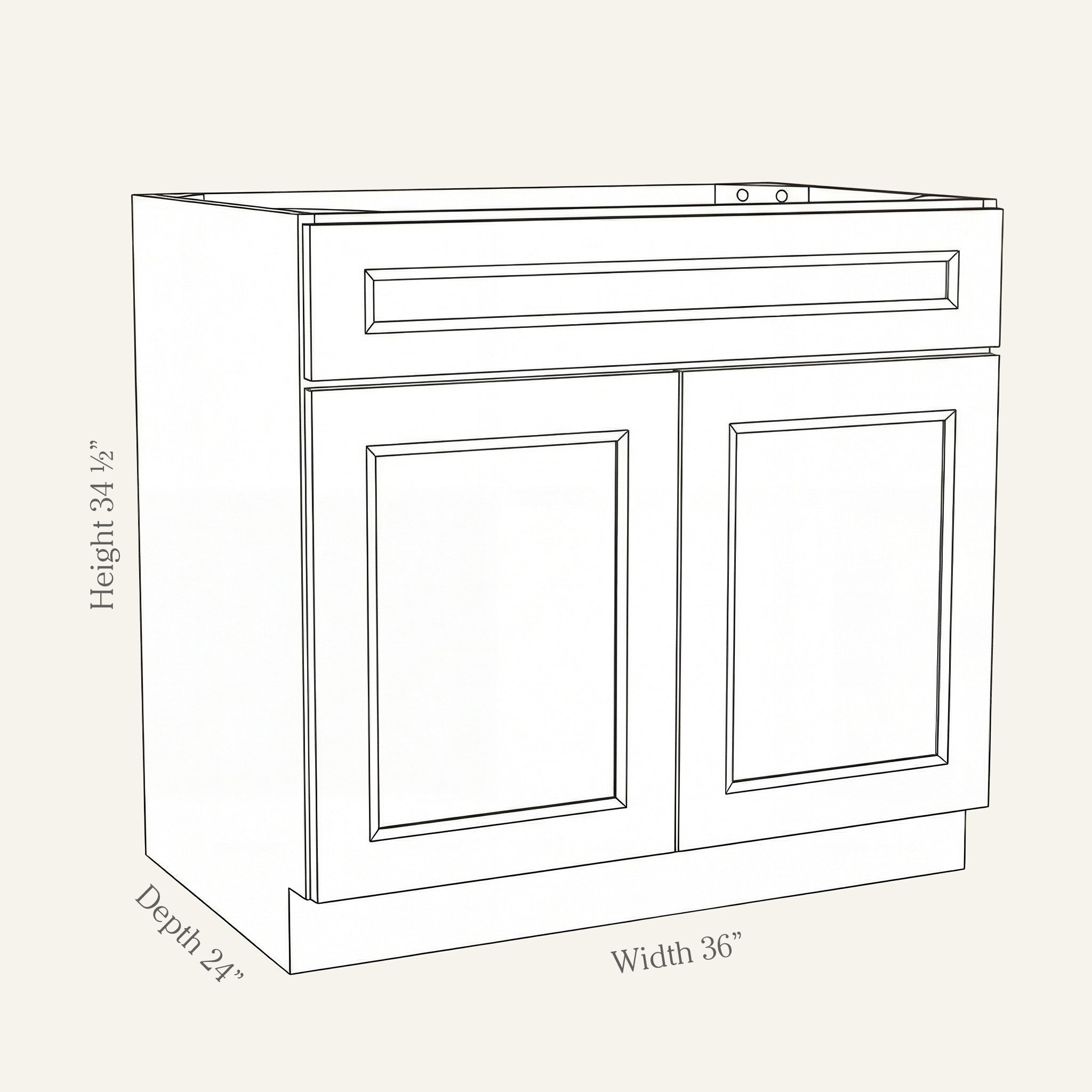 Dimension drawing of a Belmont Shaker standard base cabinet with 2 doors and 1 drawer, 36w, 34.5h, 24d.