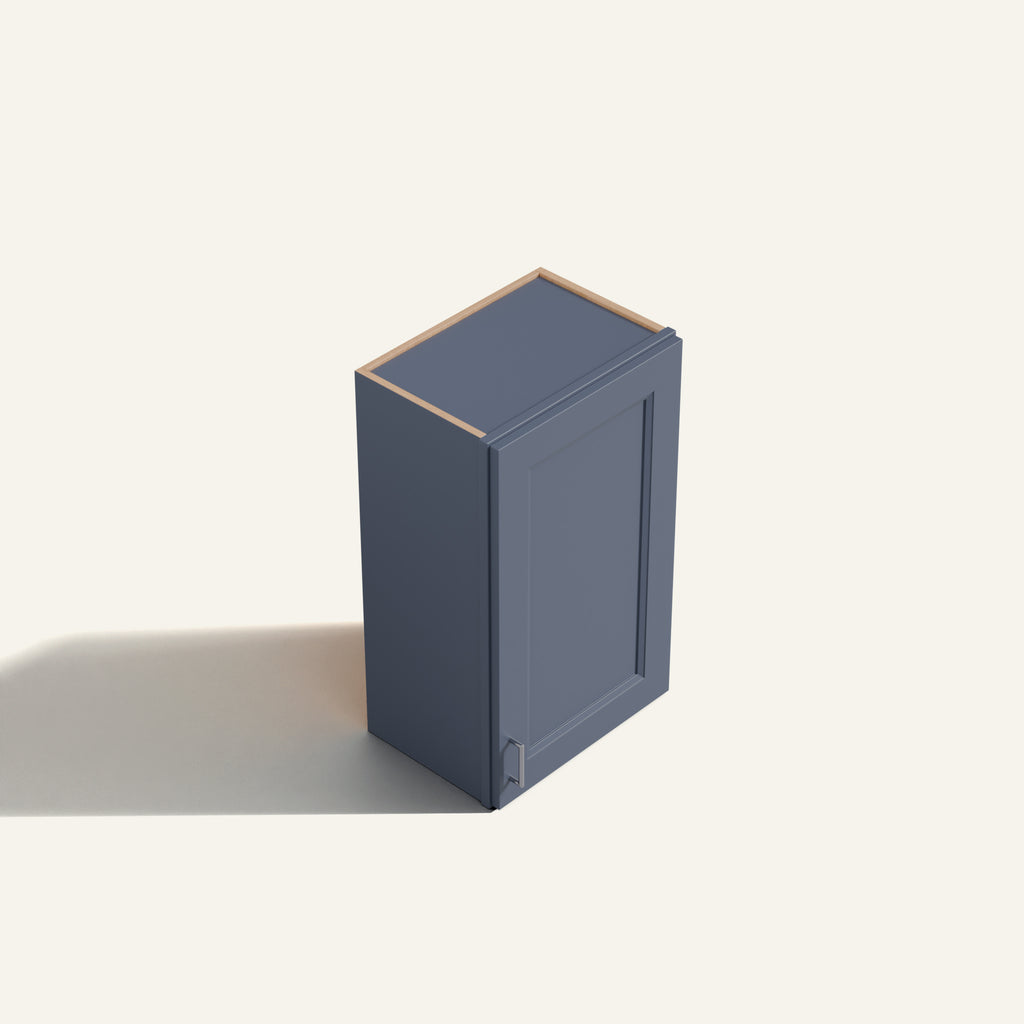 Elevated three-quarter angle view of a Belmont Blue Wall Cabinet with a solid door.