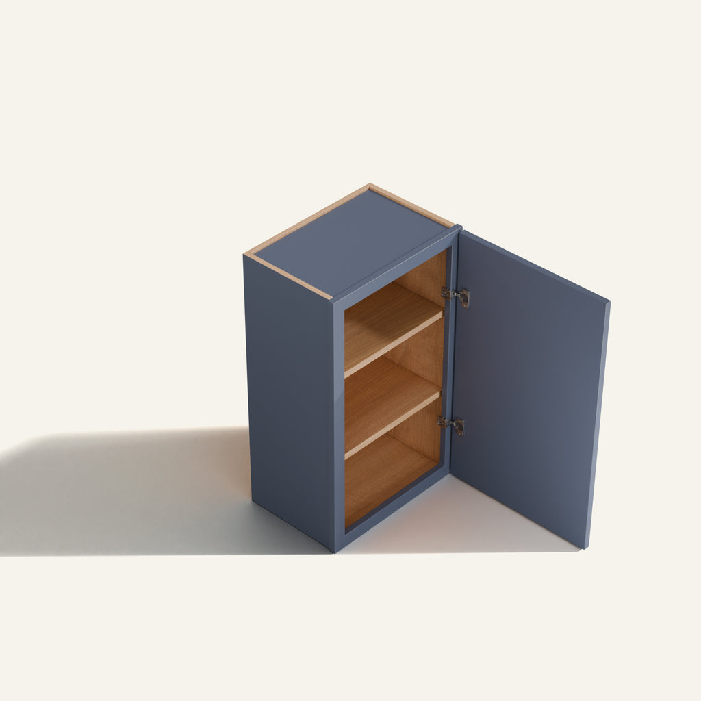 Elevated three-quarter angle view of a Belmont Blue Wall Cabinet with a solid door open to reveal the stained natural wood interior and matching shelves.