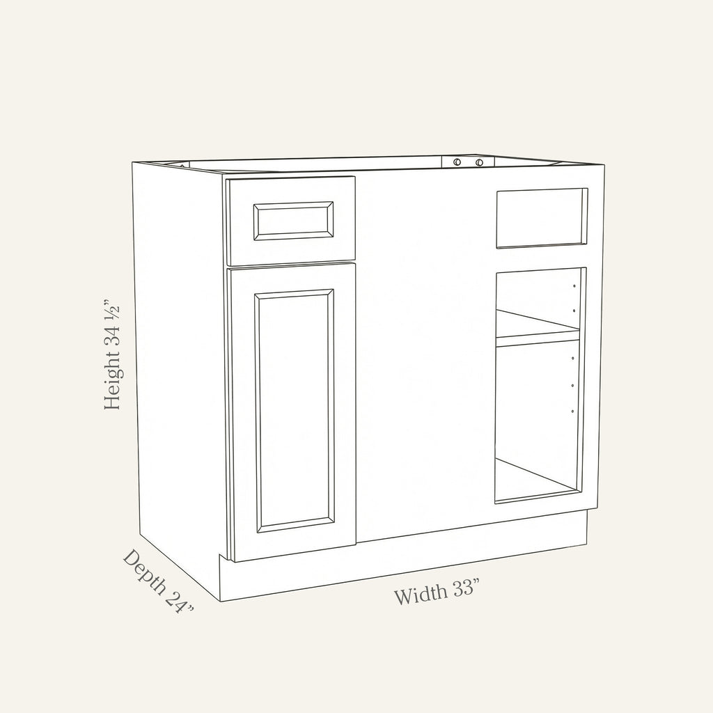 Dimension drawing of a Belmont Shaker blind corner base cabinet with 1 door and 1 drawer, 33w, 34.5h, 24d.