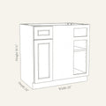 Dimension drawing of a Belmont Shaker blind corner base cabinet with 1 door and 1 drawer, 33w, 34.5h, 24d.