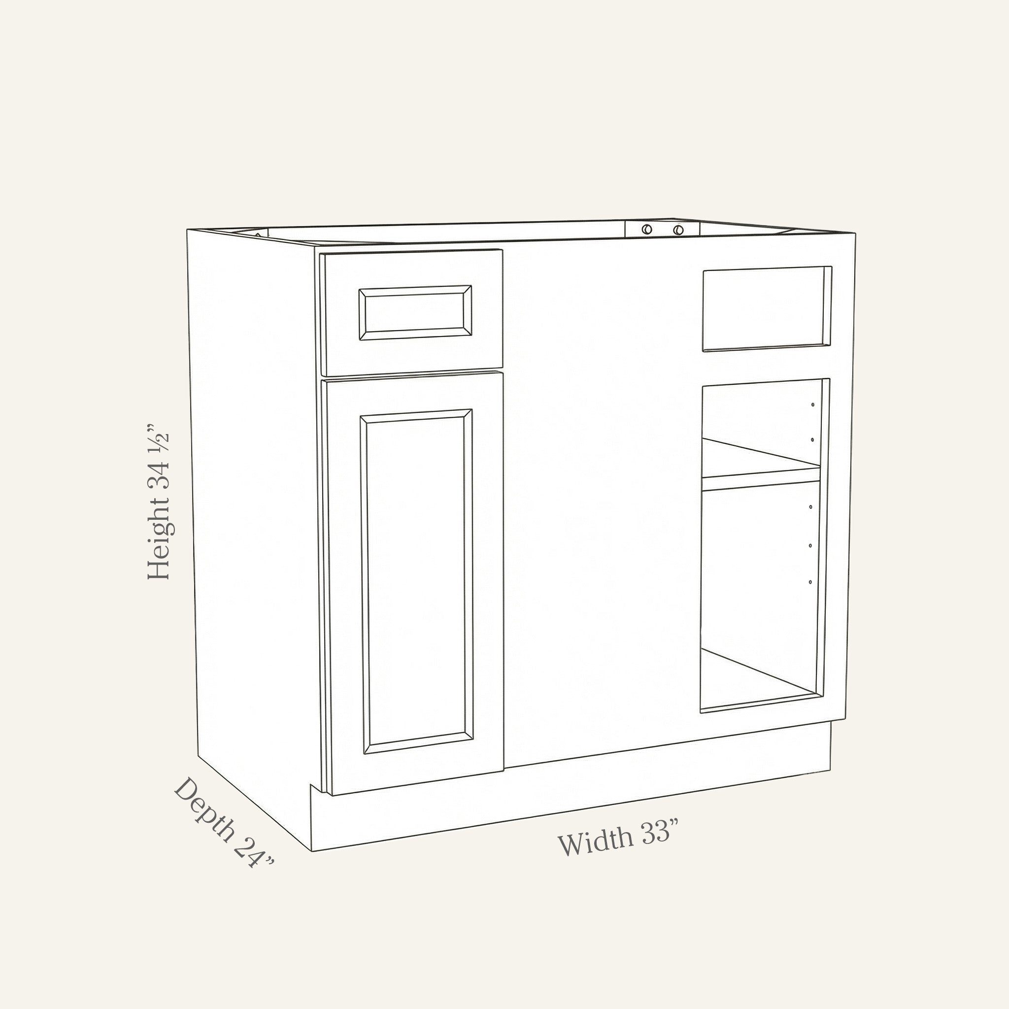 Dimension drawing of a Belmont Shaker blind corner base cabinet with 1 door and 1 drawer, 33w, 34.5h, 24d.