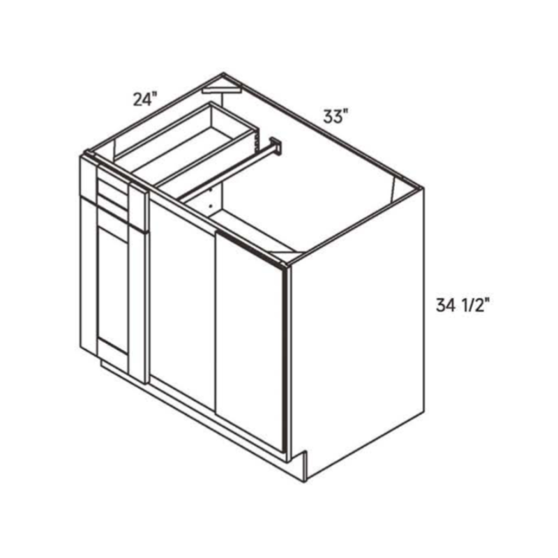 Natural traditional shaker blind corner base, 33″ wide, 34.5″ high, 24″ deep, shown in a technical line drawing with dimensions. Part of the Seaport line from the Kitchen & Cabinet Store.