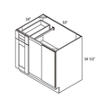 Natural traditional shaker blind corner base, 33″ wide, 34.5″ high, 24″ deep, shown in a technical line drawing with dimensions. Part of the Seaport line from the Kitchen & Cabinet Store.
