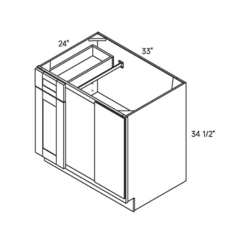 Driftwood traditional shaker blind corner base, 33″ wide, 34.5″ high, 24″ deep, shown in a technical line drawing with dimensions. Part of the Seaport line from the Kitchen & Cabinet Store.