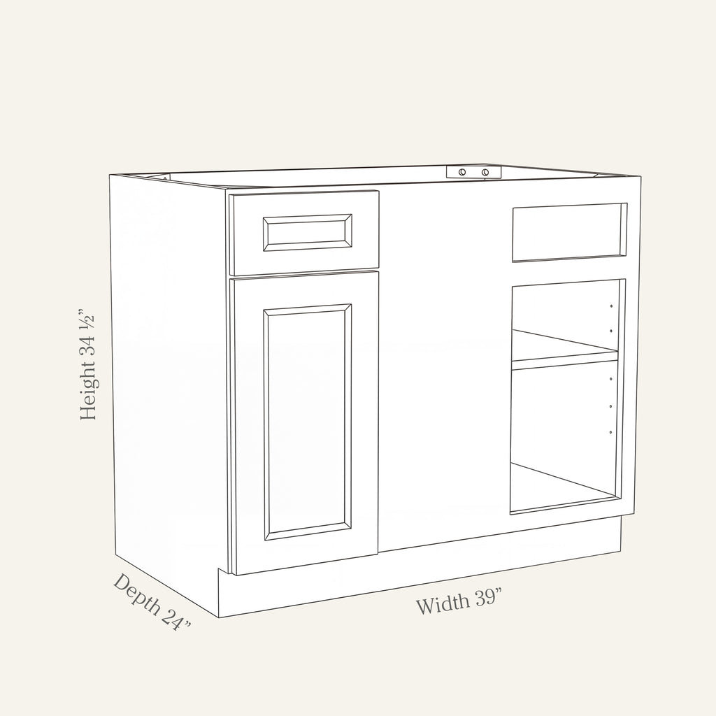 Dimension drawing of a Belmont Shaker extended blind corner base cabinet with 1 door and 1 drawer, 39w, 34.5h, 24d.