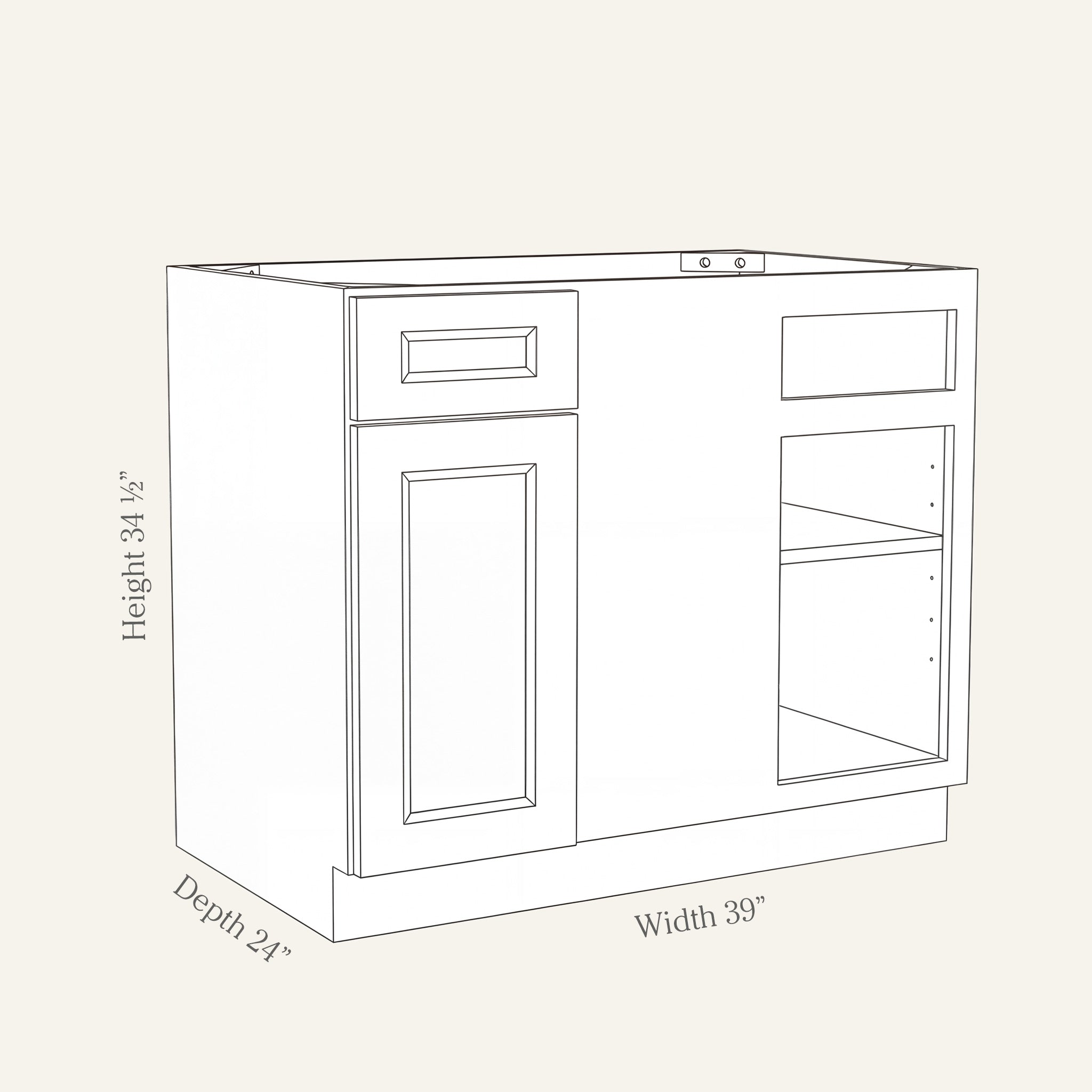 Dimension drawing of a Belmont Shaker extended blind corner base cabinet with 1 door and 1 drawer, 39w, 34.5h, 24d.