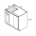 Driftwood traditional shaker extended blind corner base, 39″ wide, 34.5″ high, 24″ deep, shown in a technical line drawing with dimensions. Part of the Seaport line from the Kitchen & Cabinet Store.