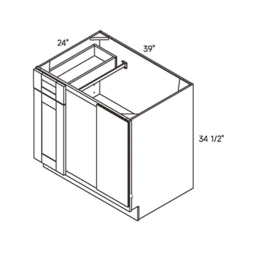 Driftwood traditional shaker extended blind corner base, 39″ wide, 34.5″ high, 24″ deep, shown in a technical line drawing with dimensions. Part of the Seaport line from the Kitchen & Cabinet Store.