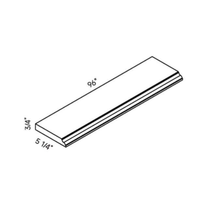 Blue Base Molding contemporary shaker, 96″ wide, 5.25″ high, 0.75″ deep, shown in a technical line drawing with dimensions. Part of the Belmont line from the Kitchen & Cabinet Store.