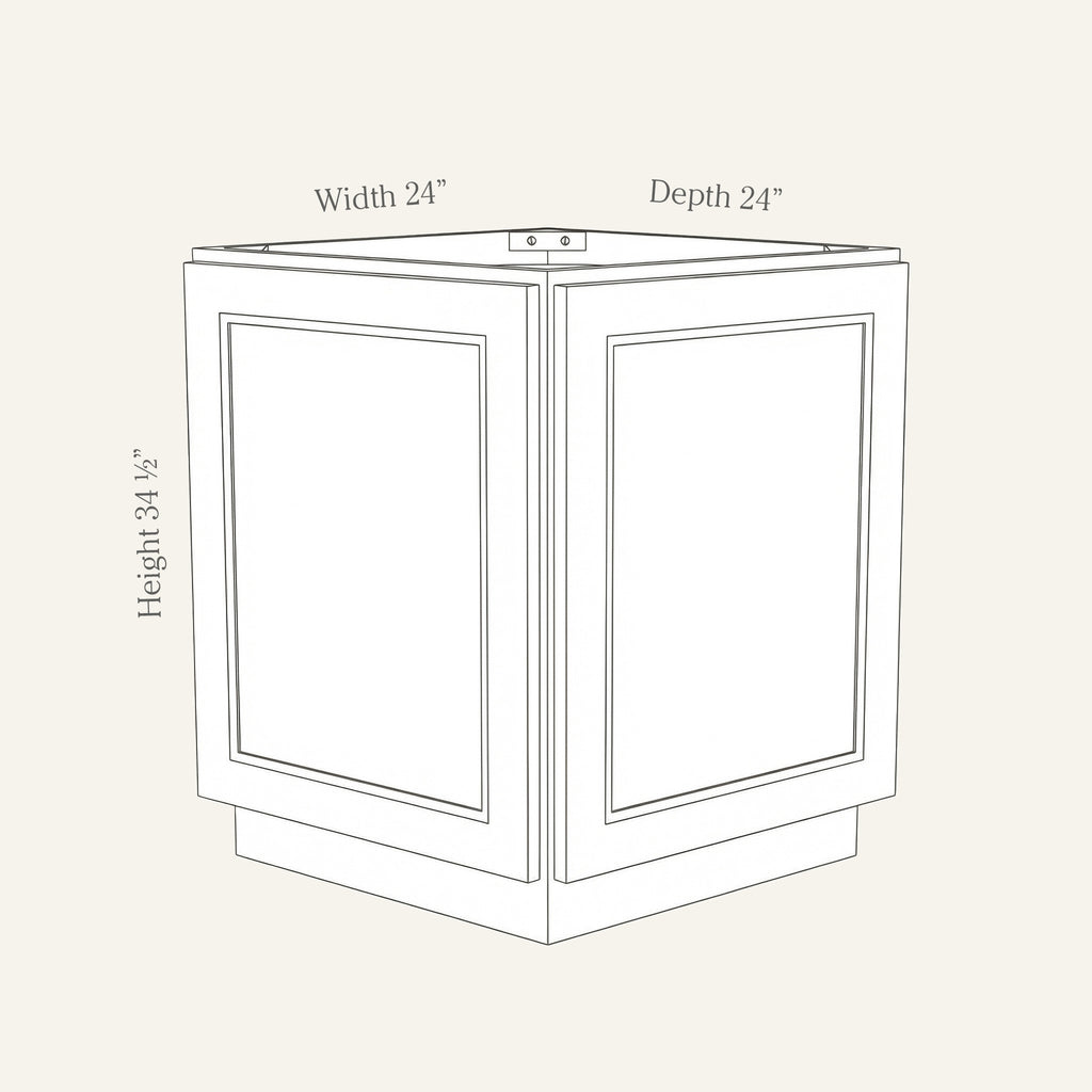 Dimension drawing of a Belmont Shaker diagonal corner base cabinet with 2 doors, 24w, 34.5h, 24d.
