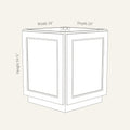 Dimension drawing of a Belmont Shaker diagonal corner base cabinet with 2 doors, 24w, 34.5h, 24d.
