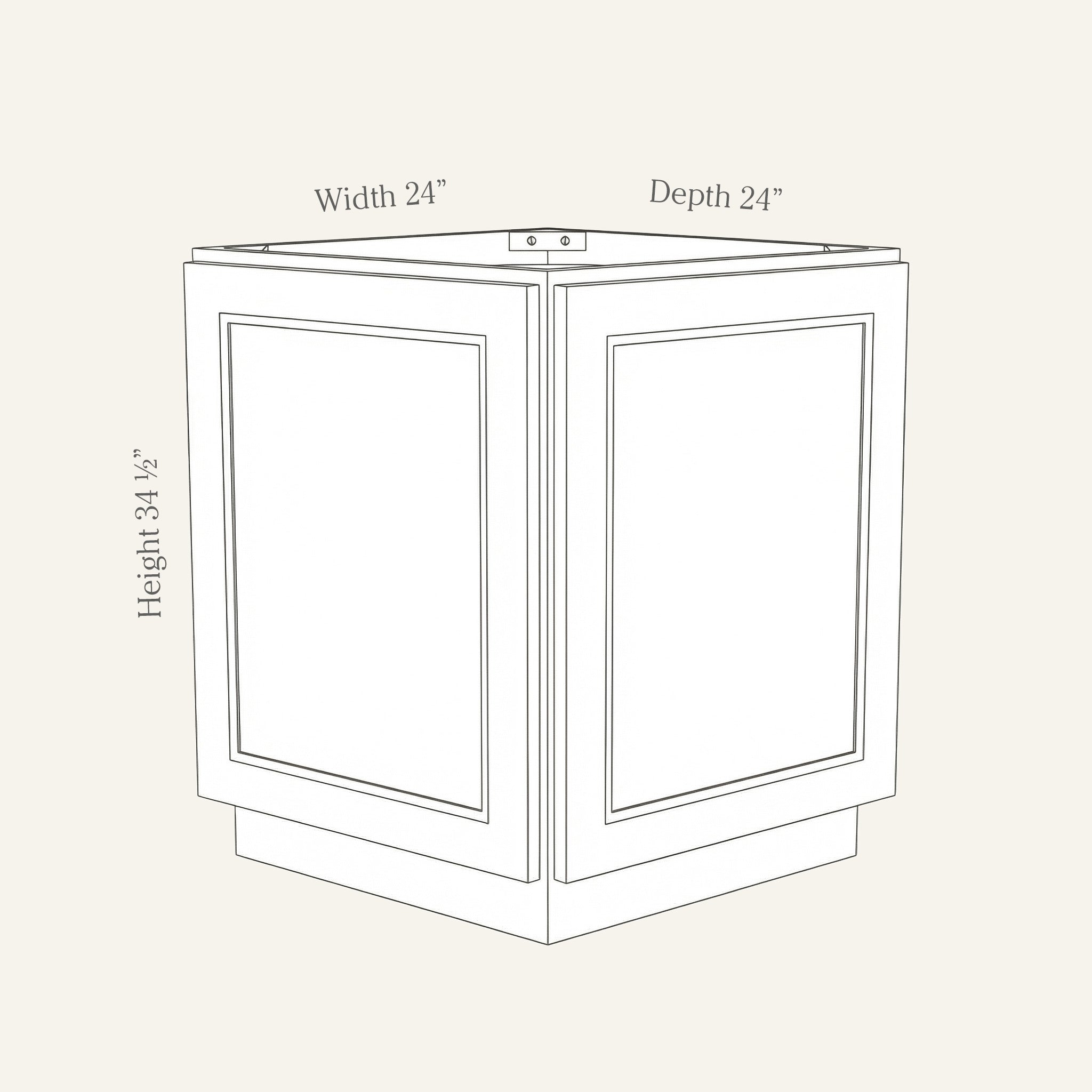 Dimension drawing of a Belmont Shaker diagonal corner base cabinet with 2 doors, 24w, 34.5h, 24d.