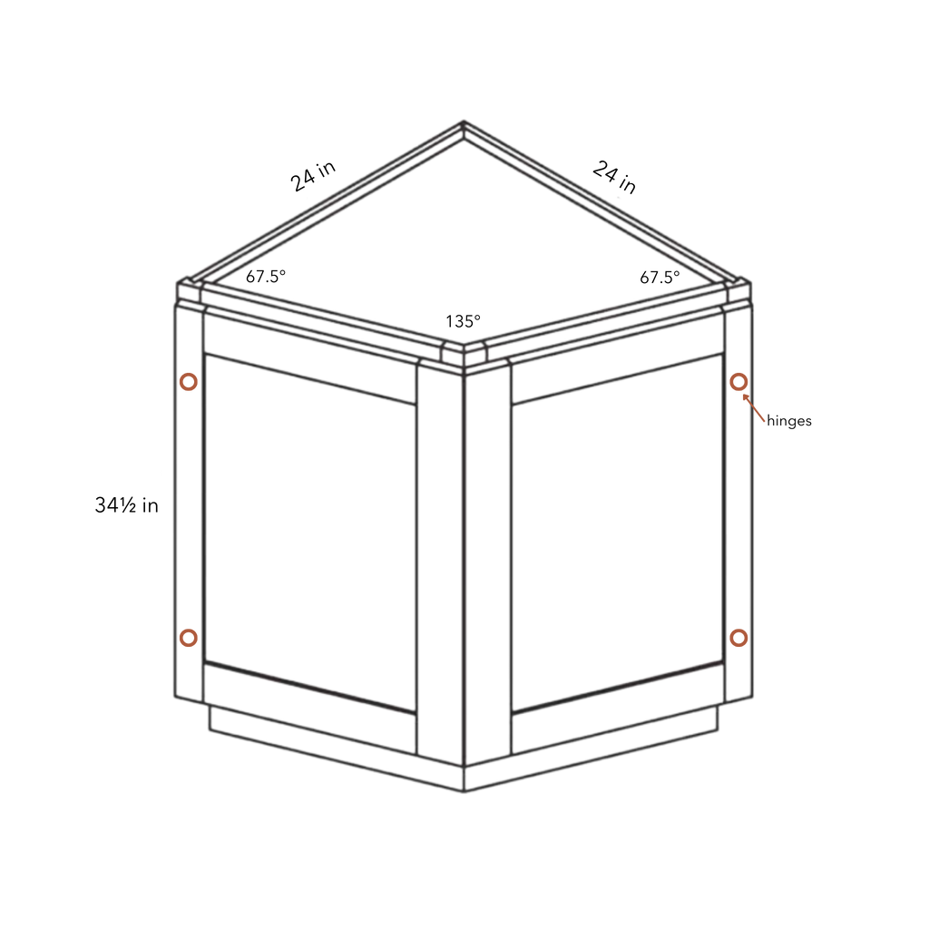 Seaport Natural Diagonal Corner Base - 24w 34½h 24d line drawing dimensions