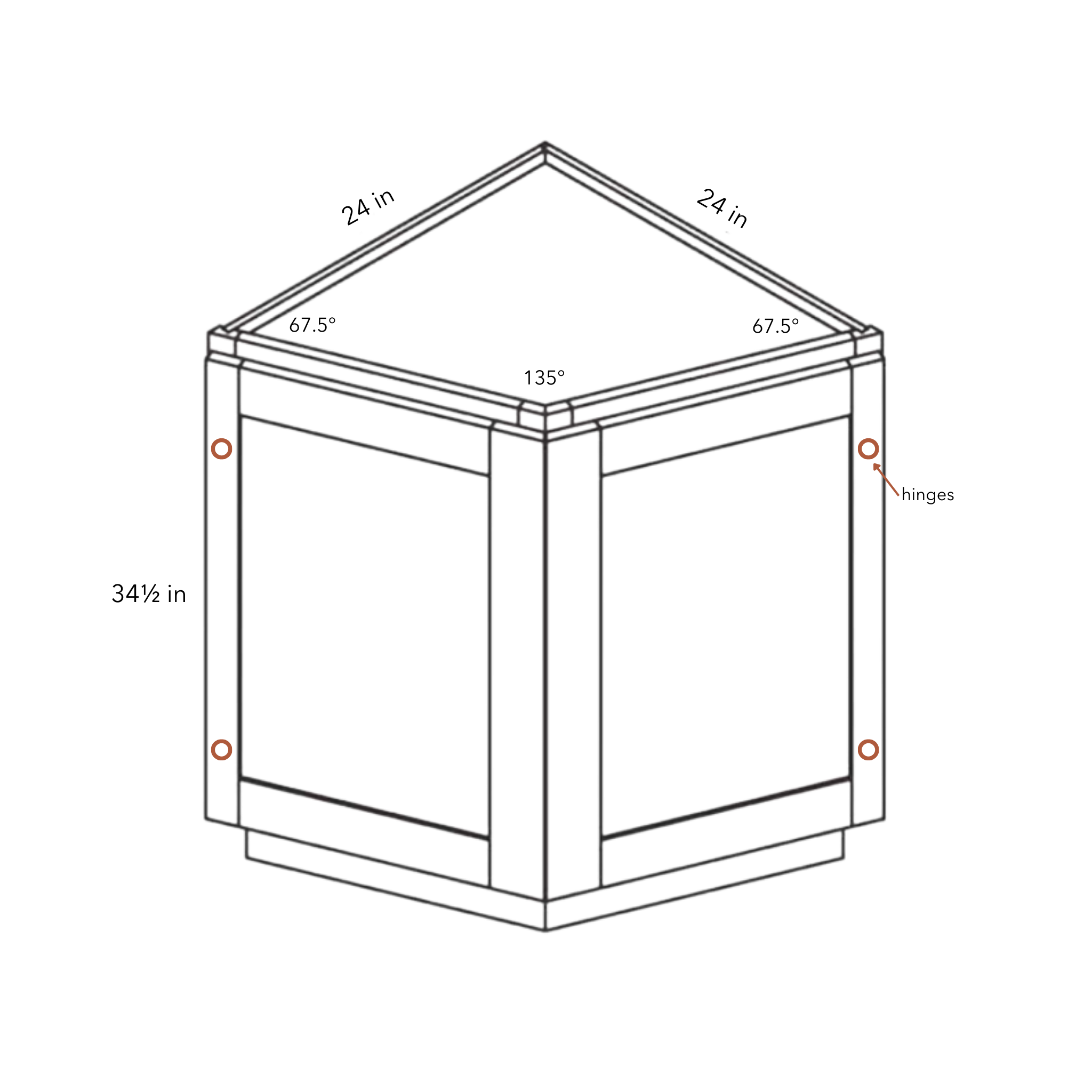 Belmont White Diagonal Corner Base - 24w 34½h 24d line drawing dimensions