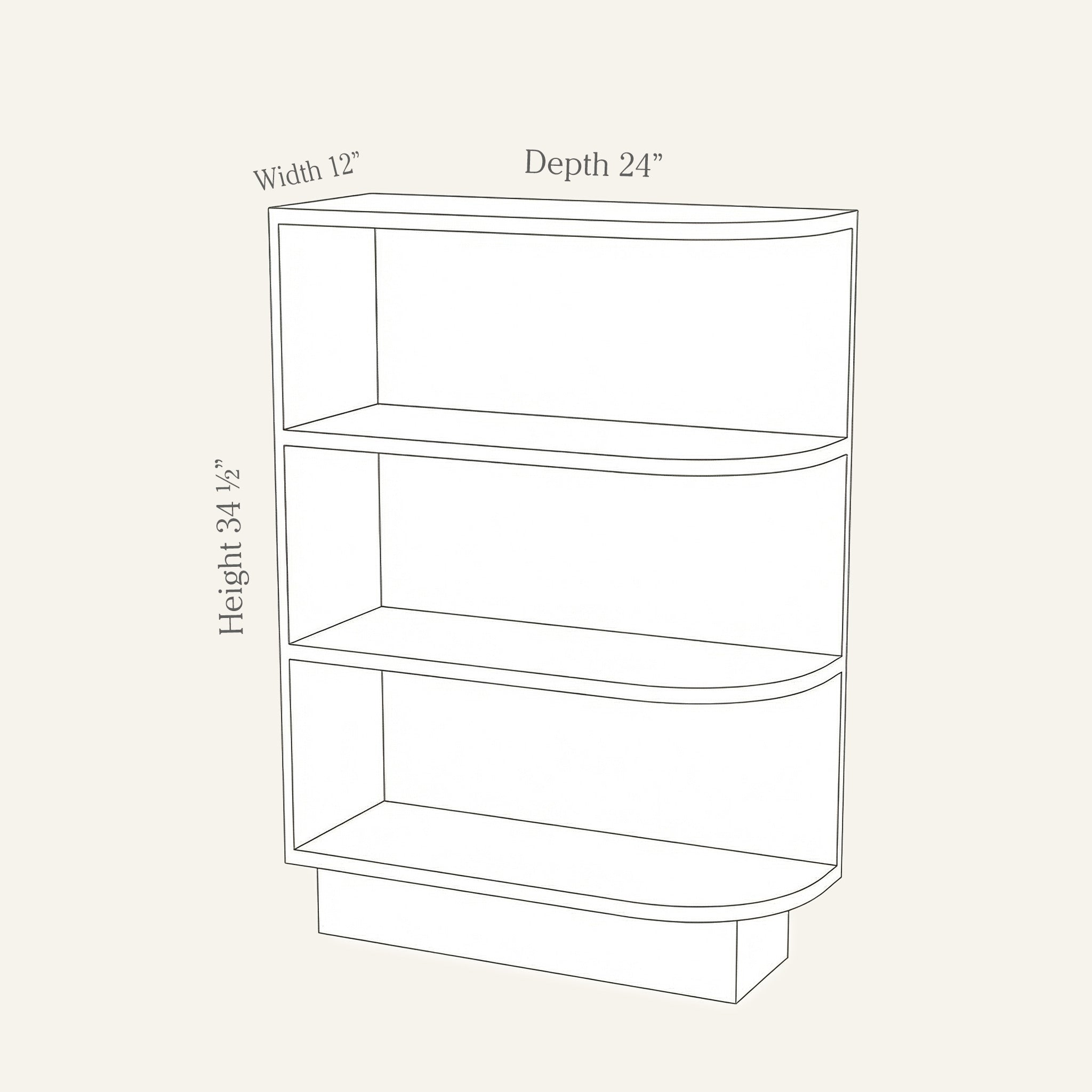 Dimension drawing of a Belmont Shaker open shelf base cabinet with 3 shelves, 12w, 34.5h, 24d.
