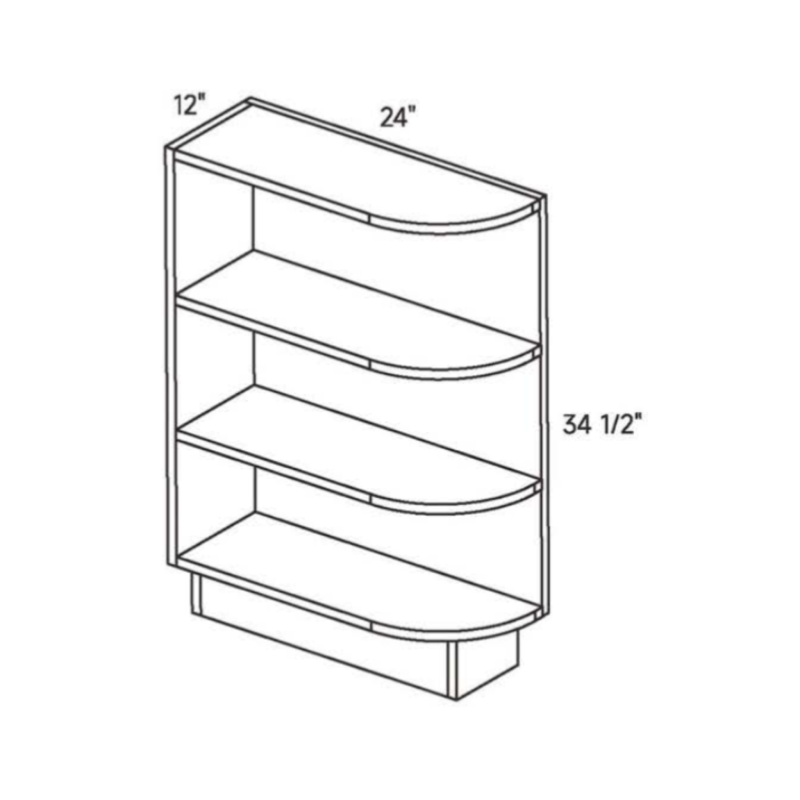 Light Gray traditional shaker open end base, 12″ wide, 34.5″ high, 24″ deep, shown in a technical line drawing with dimensions. Part of the Seaport line from the Kitchen & Cabinet Store.