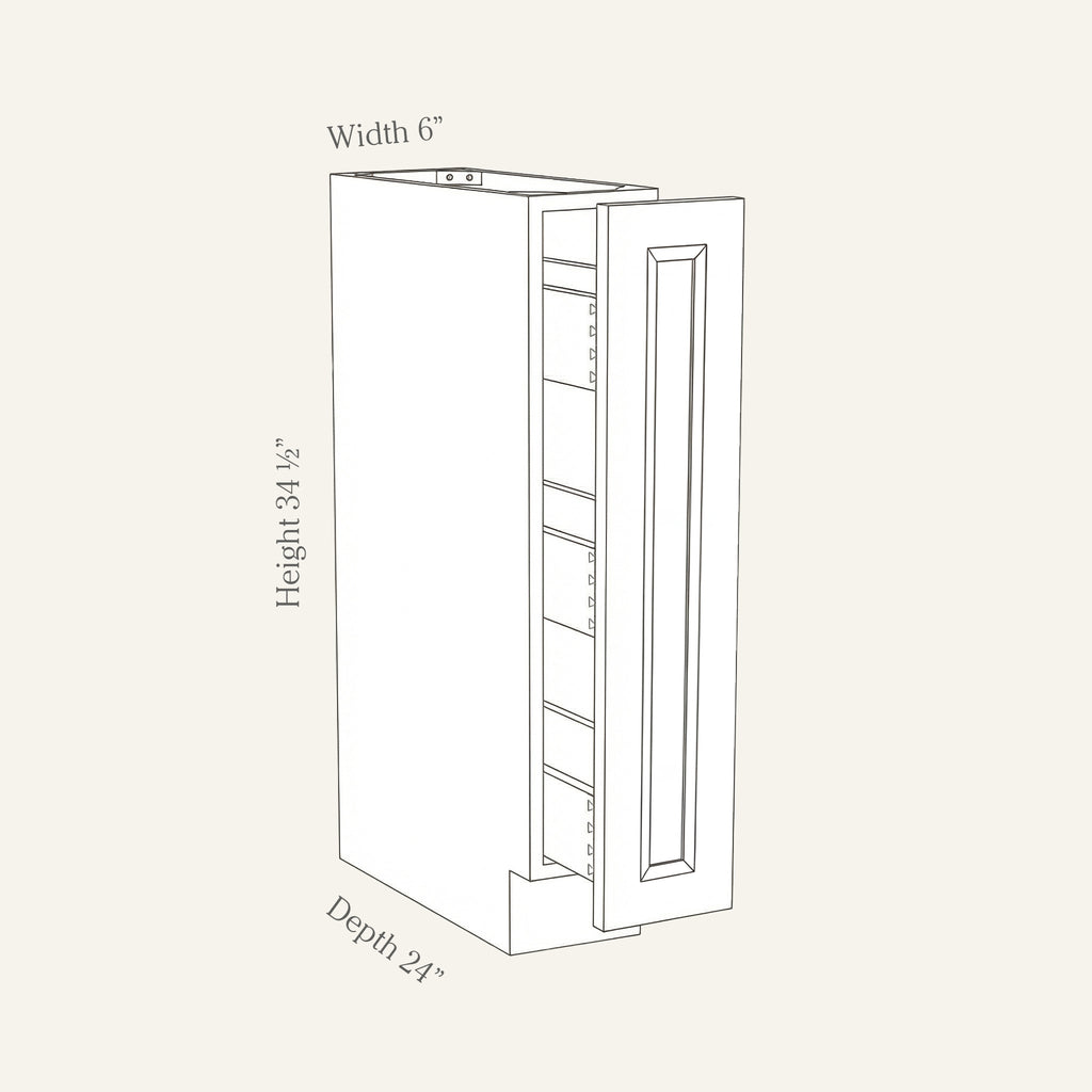 Dimension drawing of a Belmont Shaker spice pull-out base cabinet, 6w, 34.5h, 24d.