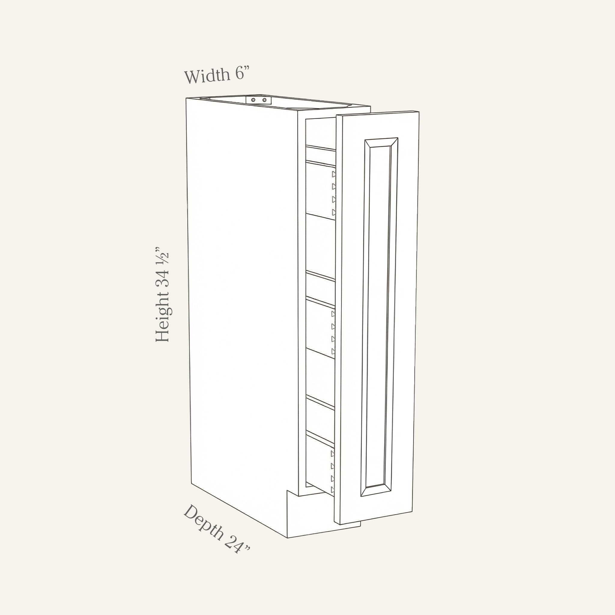 Dimension drawing of a Belmont Shaker spice pull-out base cabinet, 6w, 34.5h, 24d.