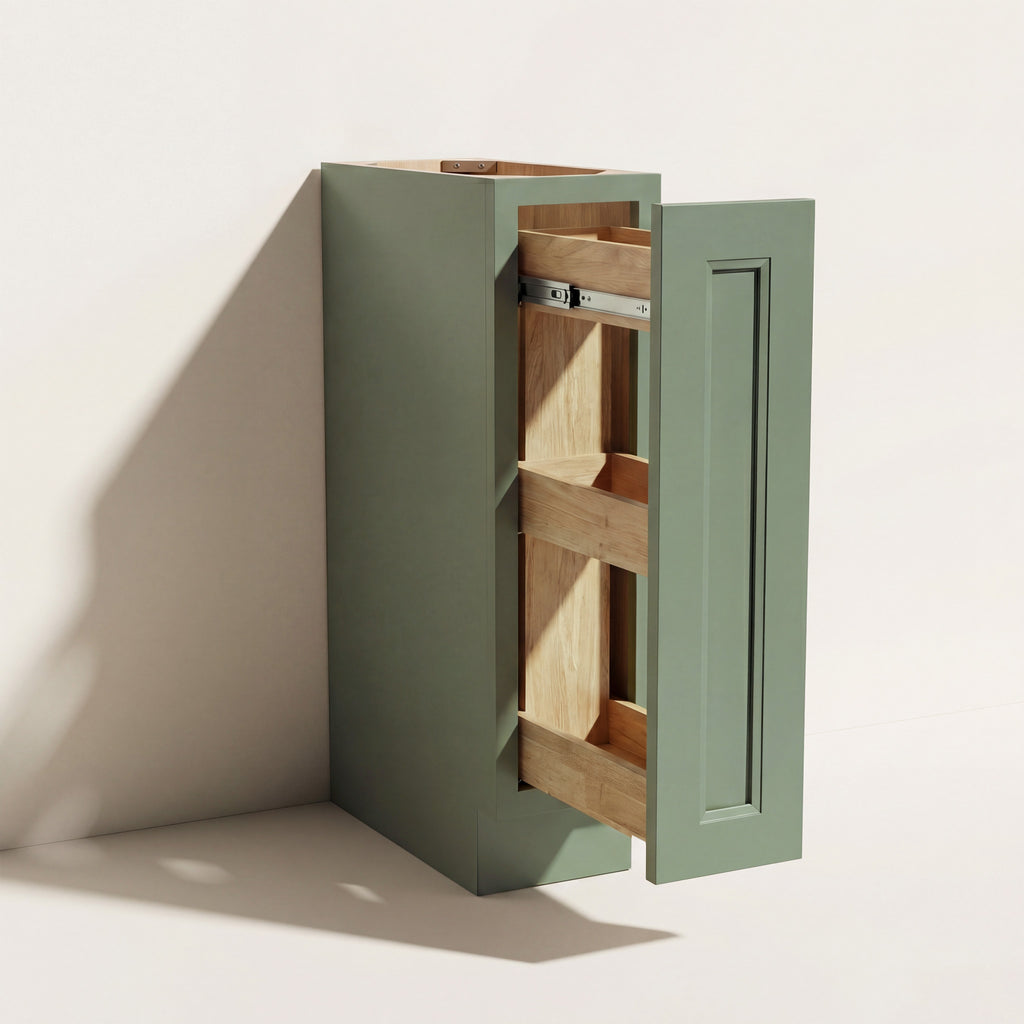 Angled view of a green Belmont beveled Shaker spice pull-out base cabinet.