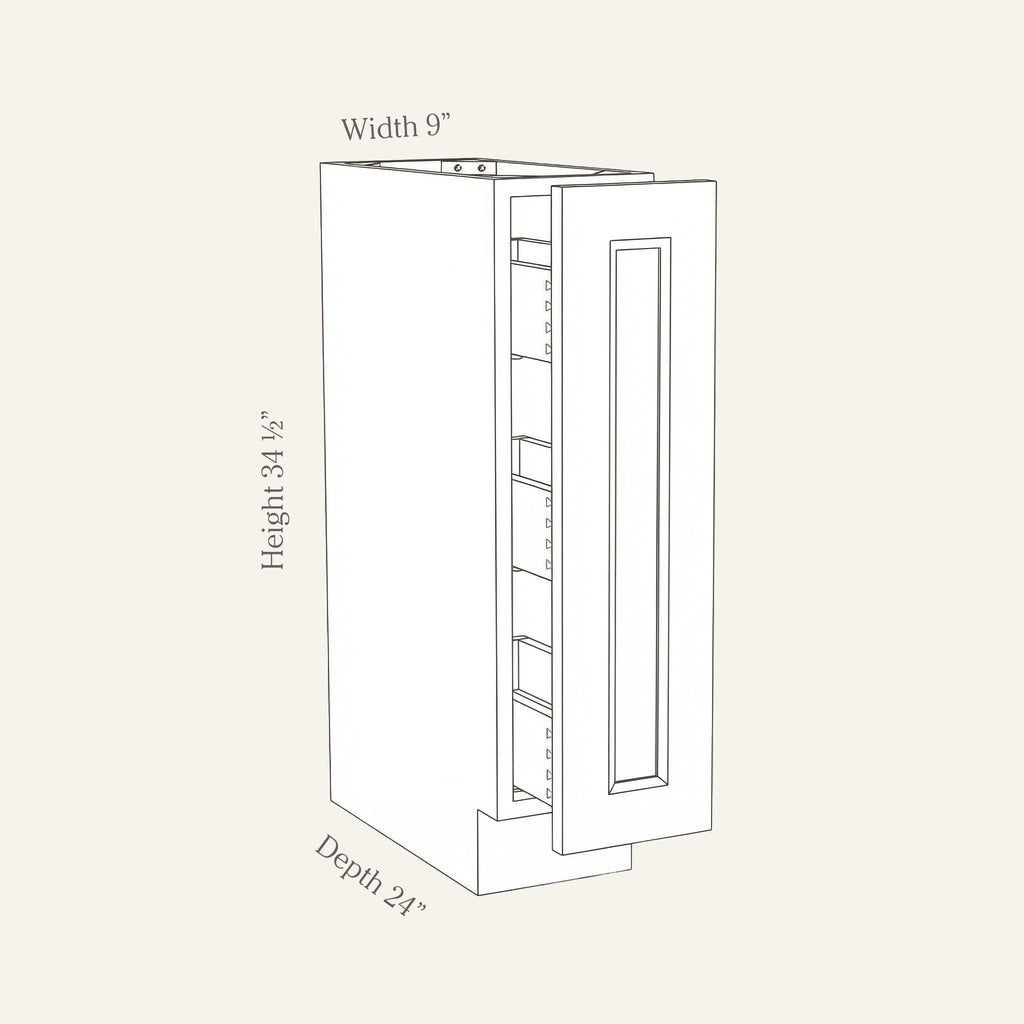 Dimension drawing of a Belmont Shaker spice pull-out base cabinet, 9w, 34.5h, 24d.