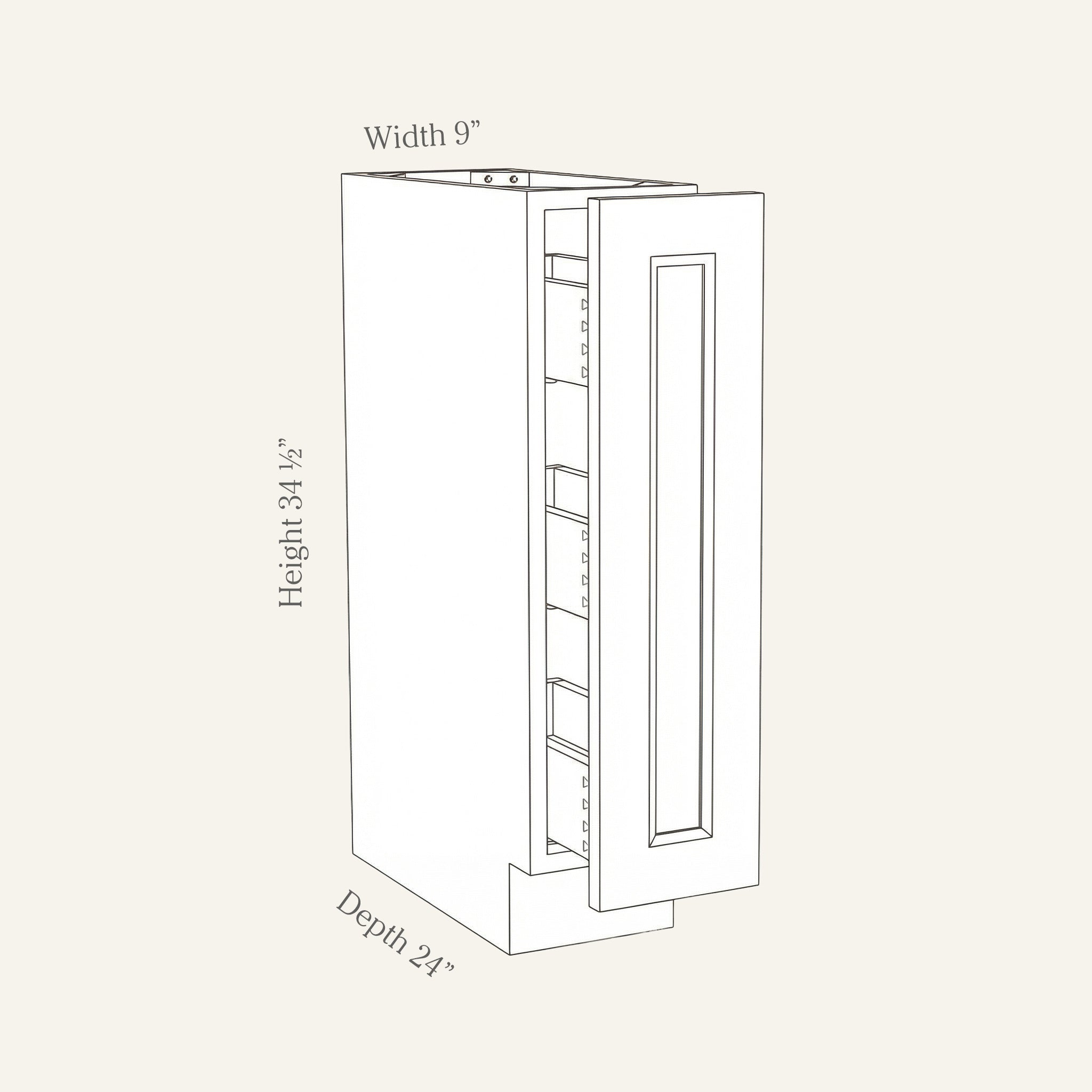 Dimension drawing of a Belmont Shaker spice pull-out base cabinet, 9w, 34.5h, 24d.