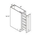 White traditional shaker spice pull-out, 9″ wide, 34.5″ high, 24″ deep, shown in a technical line drawing with dimensions. Part of the Seaport line from the Kitchen & Cabinet Store.
