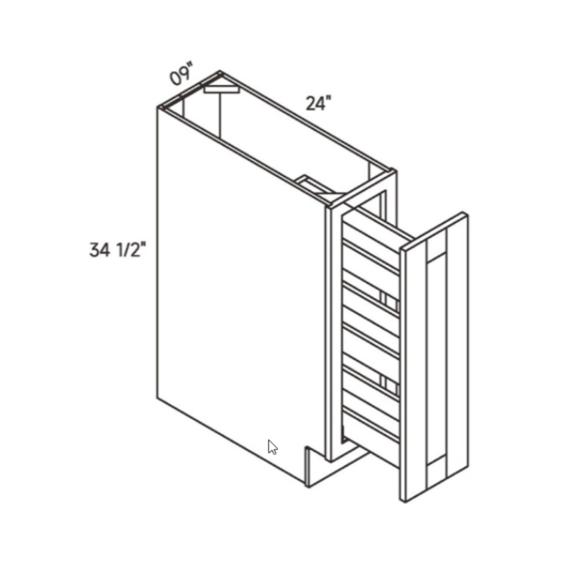 Light Gray traditional shaker spice pull-out, 9″ wide, 34.5″ high, 24″ deep, shown in a technical line drawing with dimensions. Part of the Seaport line from the Kitchen & Cabinet Store.