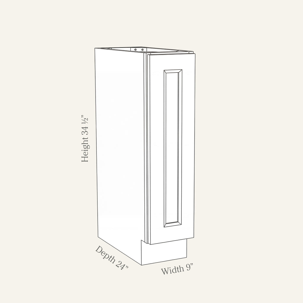 Dimension drawing of a Belmont Shaker full height door base cabinet with 1 door, 9w, 34.5h, 24d.