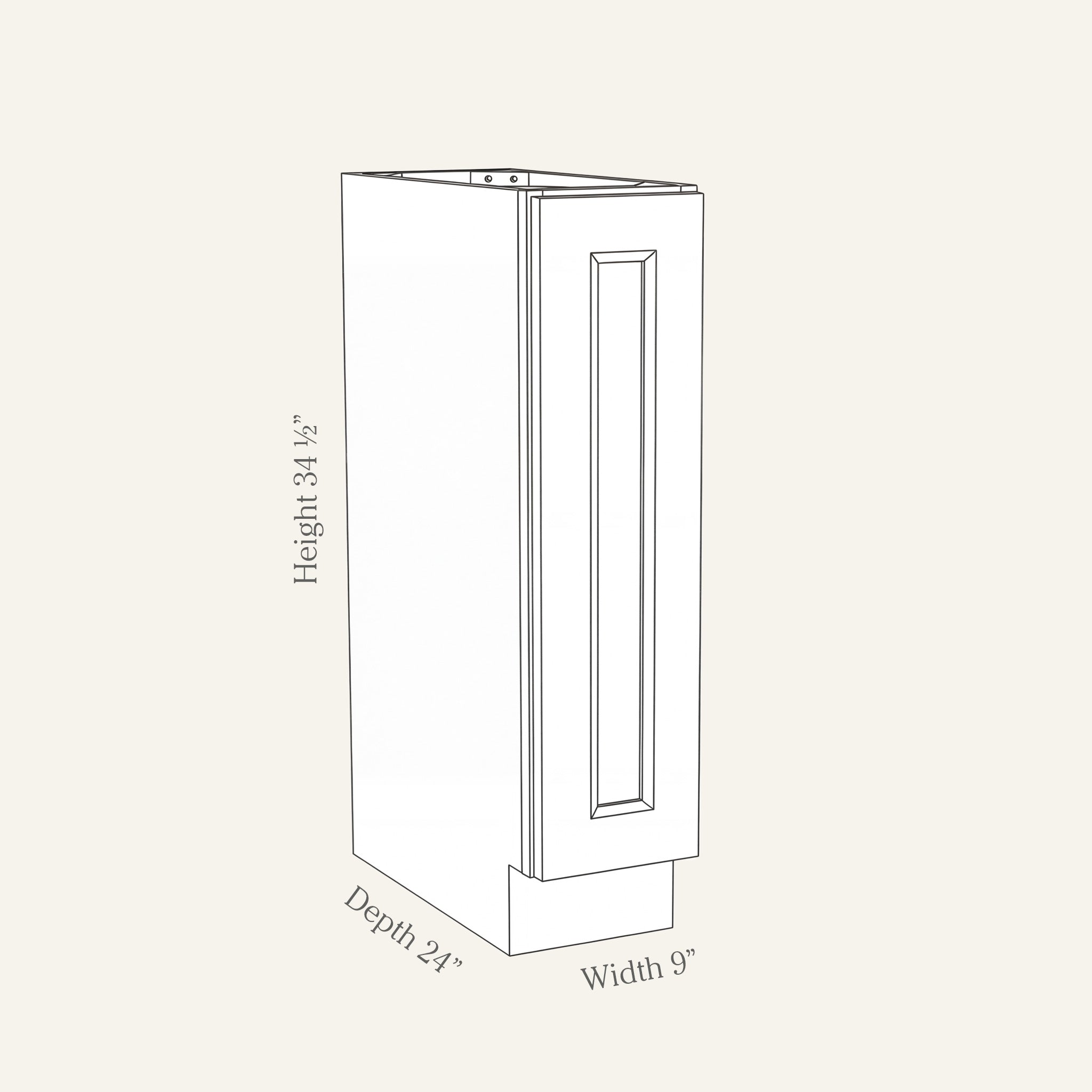 Dimension drawing of a Belmont Shaker full height door base cabinet with 1 door, 9w, 34.5h, 24d.