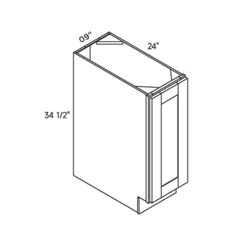 Driftwood traditional shaker base cabinet, 9″ wide, 34.5″ high, 24″ deep, shown in a technical line drawing with dimensions. Part of the Seaport line from the Kitchen & Cabinet Store.