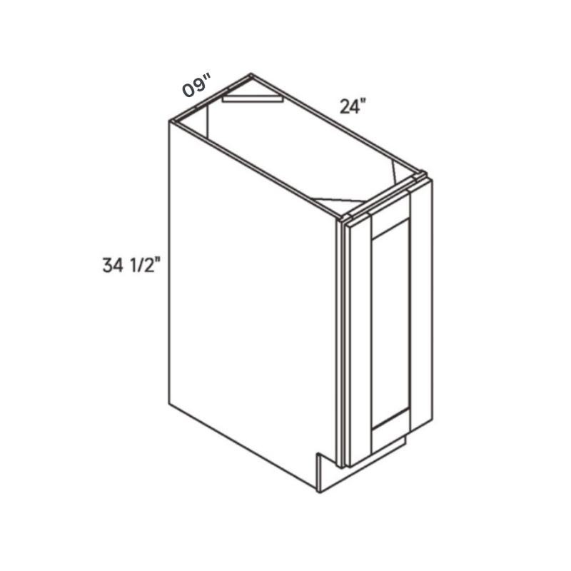 White contemporary shaker base cabinet, 9″ wide, 34.5″ high, 24″ deep, shown in a technical line drawing with dimensions. Part of the Belmont line from the Kitchen & Cabinet Store.